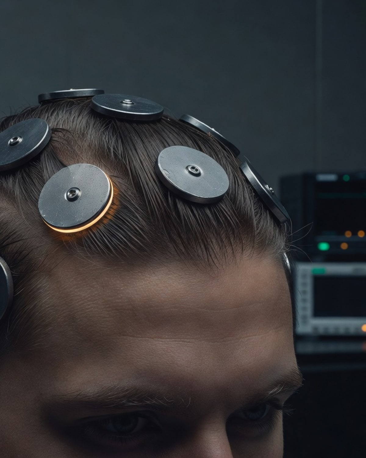Macro of EEG dry electrodes against a scalp at the hairline.