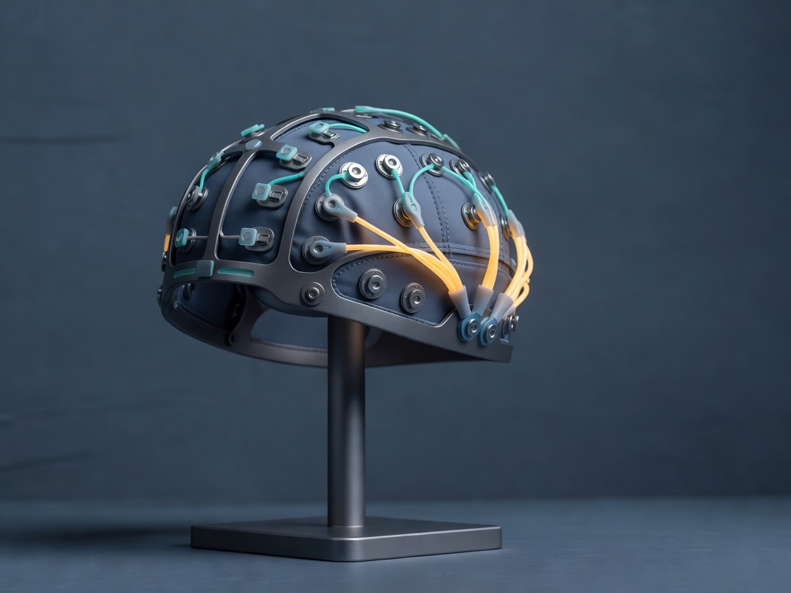 EEG cap on a brushed-metal stand, lit by a single warm amber rim.