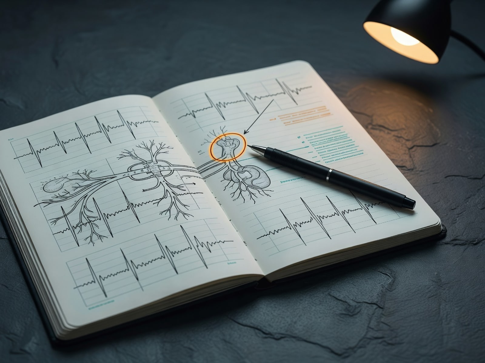 Open notebook with a hand-drawn nervous-system diagram and amber annotation arrow.