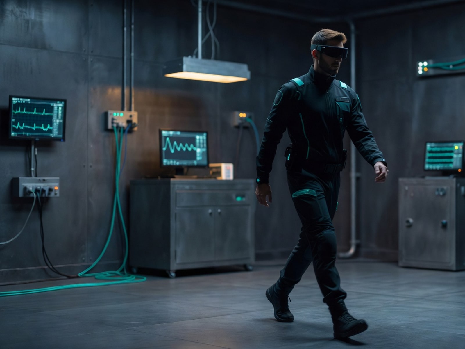 Figure mid-stride in cool slate ambient — the character at the start of the journey.
