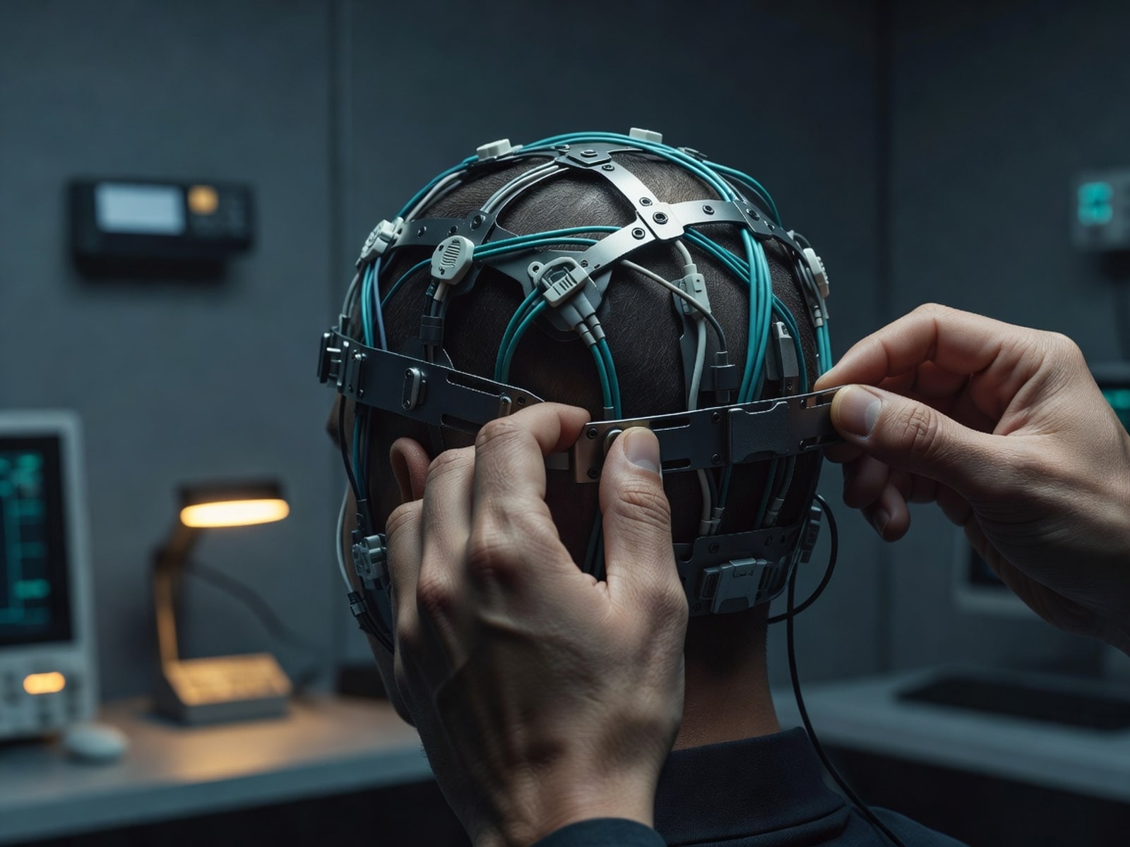Hands carefully adjusting an EEG cap on someone — the guide at work.