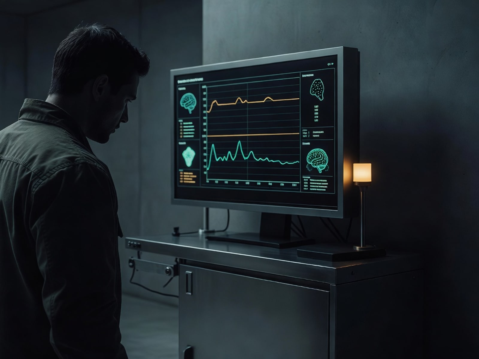 Trainer reviewing live waveform data on a wall-mounted monitor.