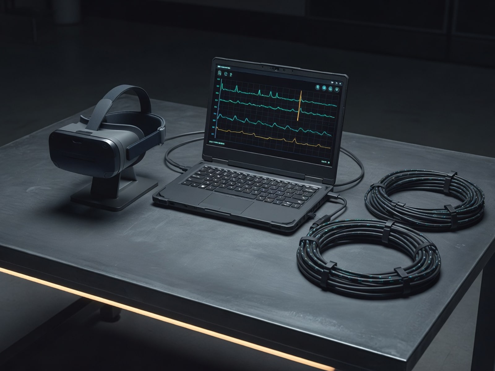 Training space surface from above — VR headset, coiled cables, laptop showing live EEG.